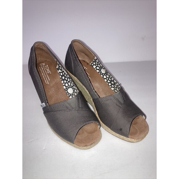 TOMS Calypso Grey Peep Toe Espadrille Wedge Canvas Sandals Heels Shoes Sz7 - Picture 1 of 10